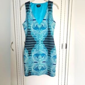 Blue and Black Sleeveless Plunge Sheath Dress